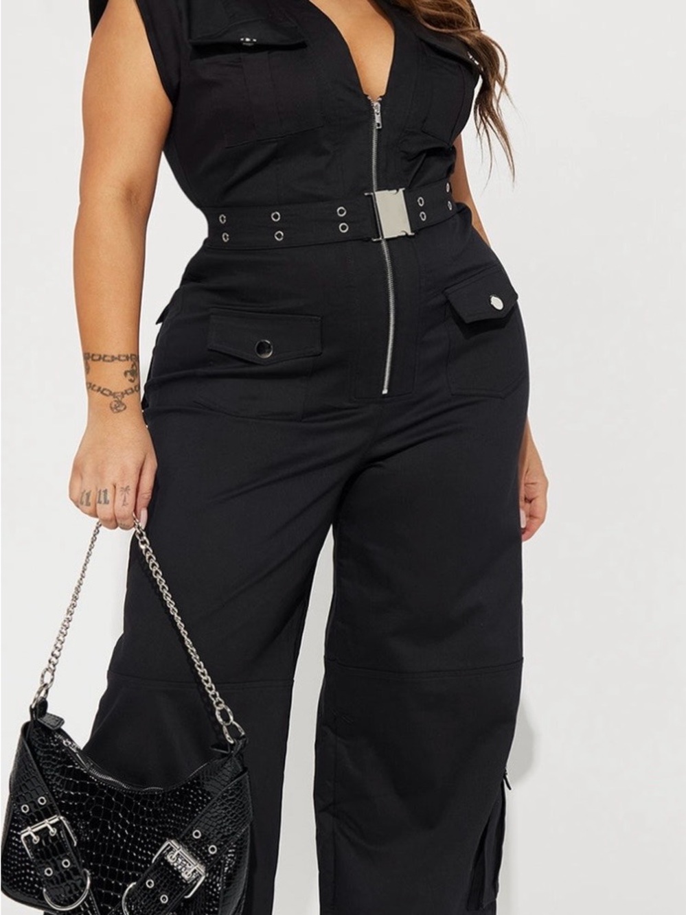 Fashion Nova Black Utility Jumpsuit with Grommet Belt